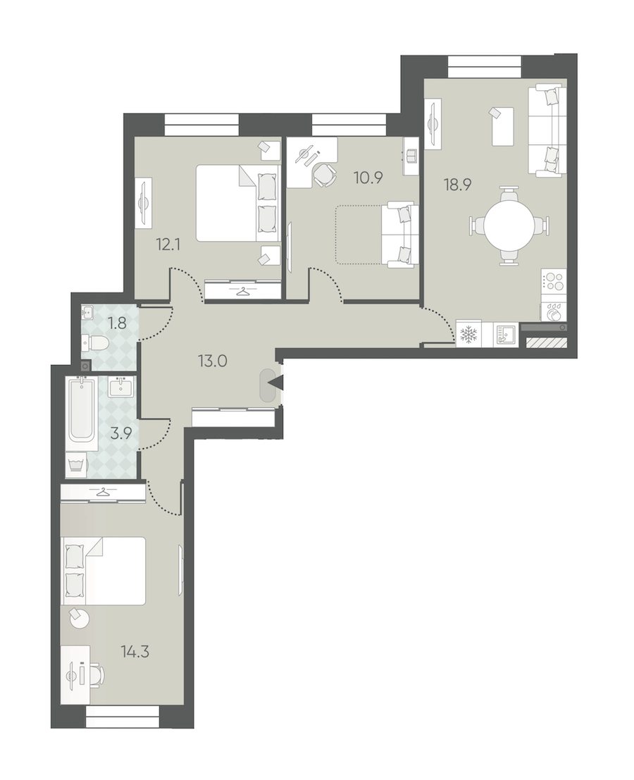 3-комнатная квартира 74.9 м², 2/12 эт., ЖК «Большая Охта»